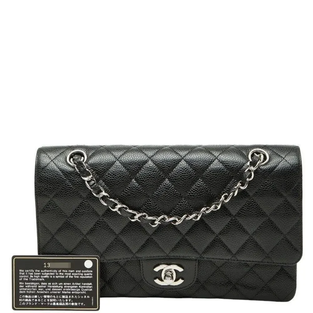Chanel Matelasse 25 Coco Mark Double Flap Caviar Skin Shoulder Bag Black